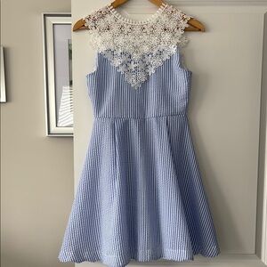 Blue and White Striped Dress with Lace Detail
